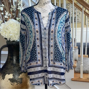 Lucky Brand Boho Style Mix Print Button Top